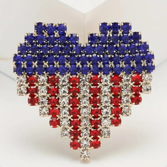 3 Pave Crystal Red White Blue US American Flag HEART Sweater Lapel Brooch Pins - Picture 1 of 1